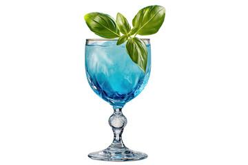 Blue cocktail with basil leaves in fancy glass