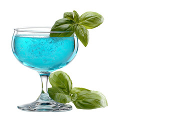 Blue cocktail in glass, garnished with green basil leaves