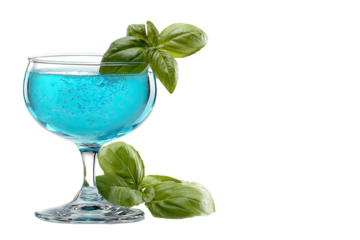 Blue cocktail in glass, garnished with green basil leaves