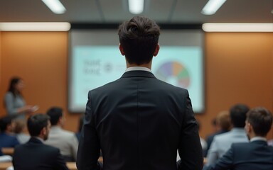 Rear view of an adult professor giving a lecture to a large group of students in a classroom. High quality