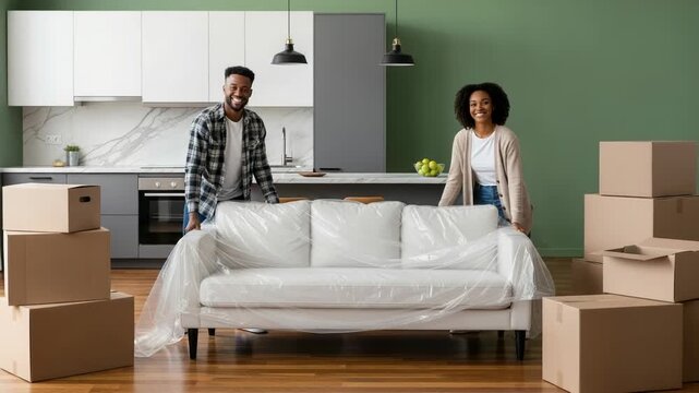 Couple moving sofa into new home