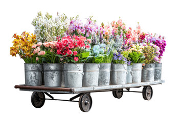 Flowers in metal buckets on a rusty cart