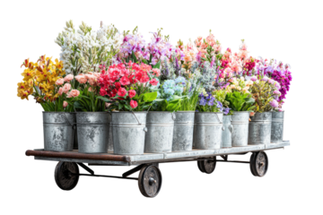 Flowers in metal buckets on a rusty cart