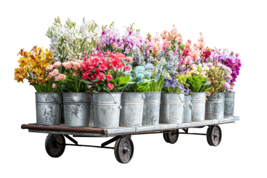 Flowers in metal buckets on a rusty cart