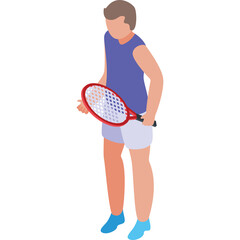 Isometric full body shot of a person holding a tennis racket and wearing a blue tank top and light blue shorts with blue shoes a white background.