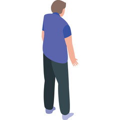 Isometric full body view of a man with short brown hair wearing a blue polo shirt and dark trousers with light blue socks standing against a white background with a transparent effect