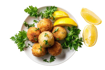 Fried potato balls with lemon and parsley, overhead shot