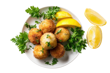 Fried potato balls with lemon and parsley, overhead shot