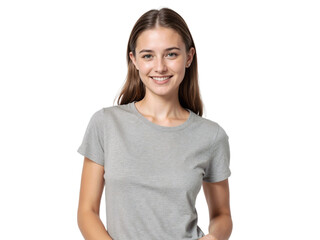 Fototapeta premium Young woman smiling in a casual grey shirt in a bright, well-lit setting indoors