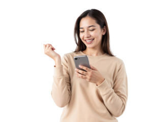 Cheerful young woman enjoying her time while using smartphone in a bright, simple setting