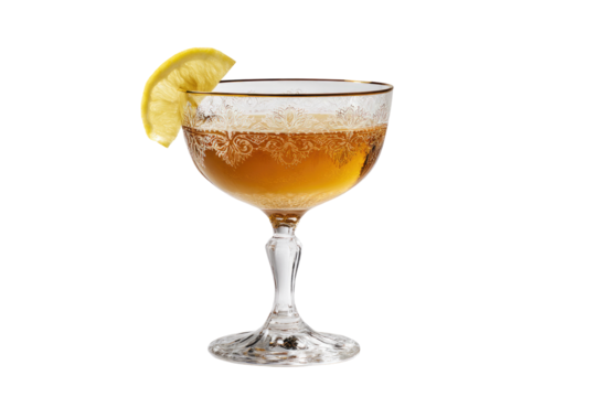 Amber cocktail in etched glass with lemon garnish