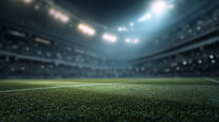 A low-angle view of a vast, illuminated stadium filled with spectators, with a focus on the lush, green field