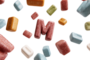 Letter 'M' amid flying, cube candies against black ground