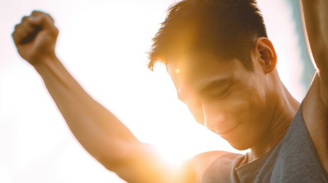 Young Asian Male Athlete Celebrating Victory with Fists Raised