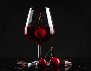 Elegant Wine Glass Filled with Red Wine, Garnished with Cherry and Dark Chocolate Pieces on Black Surface