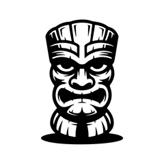 Tiki tribal wooden mask set and Tiki mug. Hawaiian traditional elements. Colored, wooden and black and white silhouette. Vector illustration
