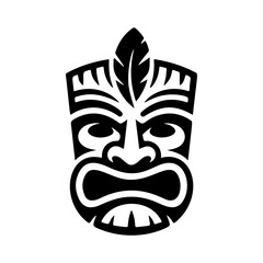 Tiki tribal wooden mask set and Tiki mug. Hawaiian traditional elements. Colored, wooden and black and white silhouette. Vector illustration