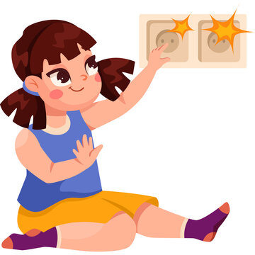 A Young Girl With Brown Pigtails Wearing A Blue Tank Top And Yellow Skirt Reaching For An Electrical Outlet With Sparking Lights Demonstrating Curiosity And Danger With A White Background