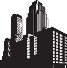 Obraz premium Black and white silhouette of a cluster of modern city skyscrapers with detailed windows urban architecture