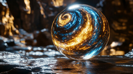 A crystal sphere containing a swirling galaxy, vivid stars and cosmic colors suspended inside, hyperrealistic and glowing with ethereal light.
