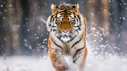 Tiger face running in snow. Amur tiger in wild winter nature. Action wildlife scene, dangerous animal. Cold winter in taiga, Russia. Snowflakes with beautiful Siberian tiger, Panthera tigris altaica