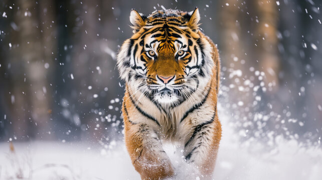 Tiger face running in snow. Amur tiger in wild winter nature. Action wildlife scene, dangerous animal. Cold winter in taiga, Russia. Snowflakes with beautiful Siberian tiger, Panthera tigris altaica - Powered by Adobe