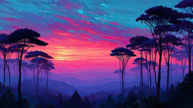 Painting of a beautiful sci fi landscape tender and dreamy design concept. Vibrant sunset over a misty forest creating a tranquil atmosphere.