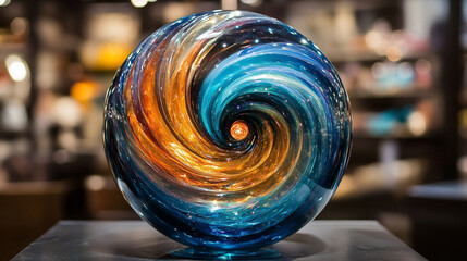 A crystal sphere containing a swirling galaxy, vivid stars and cosmic colors suspended inside, hyperrealistic and glowing with ethereal light.
