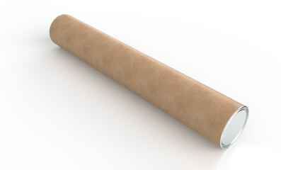3D Realistic cardboard tube mockup with cap and rolled white poster inside, isolated. Blank kraft paper tube for showcasing artwork, poster, shipping posters, artwork, documents or parcel packaging