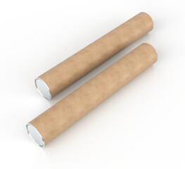 3D Realistic cardboard tube mockup with cap and rolled white poster inside, isolated. Blank kraft paper tube for showcasing artwork, poster, shipping posters, artwork, documents or parcel packaging