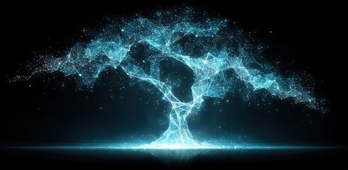 Glowing Blue Tree of Life Forming Earth Outline in Space, Dark Background with Backlight and Misty Roots Creating Infinite Depth