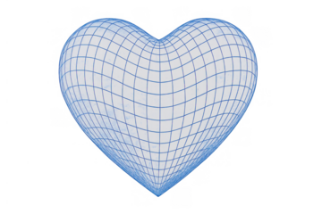 Heart shape forming from a blue digital grid wireframe, showing technology and connection on a transparent background