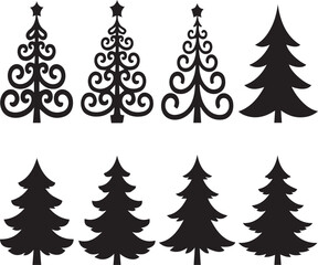 Eight black silhouette Christmas trees with varied designs and shapes on a white background holiday