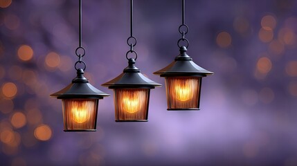 Three hanging lamps warm amber light against soft purple bokeh background cozy ambient lighting elegant interior decor moody modern home design copy space for branding and product mockup