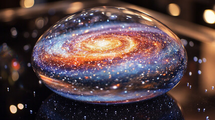 A crystal sphere containing a swirling galaxy, vivid stars and cosmic colors suspended inside, hyperrealistic and glowing with ethereal light.
