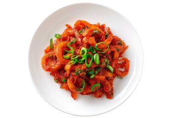 Spiced veggie rings, chopped herbs on white plate, top-down