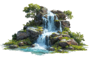 Waterfall cascades over rocks, surrounded by greenery
