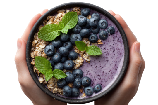 Hands holding bowl with blueberries, oats, yogurt, and mint