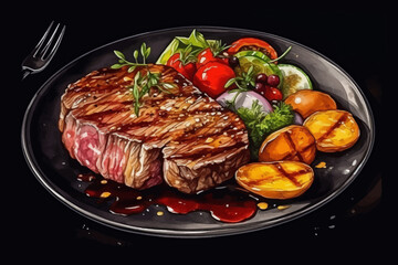 steak with vegetable, tomato, and potato on plate vector illustration with black isolated background for food and restaurant concept