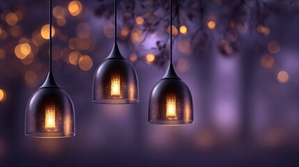 Three hanging lamps warm amber light against soft purple bokeh background cozy ambient lighting elegant interior decor moody modern home design copy space for branding and product mockup
