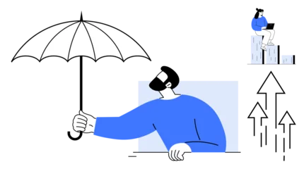 Fotobehang Beren Man holding an umbrella as a protection metaphor, growth arrows symbolizing success, and a woman seated on bars working on a laptop. Ideal for business, safety, financial stability, support, growth  © robu_s