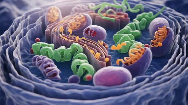 Artistic illustration of a biological cell, showcasing various organelles and structures in detail.