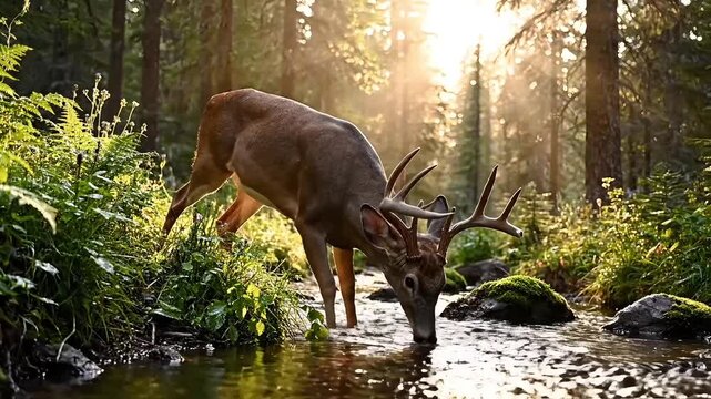 Majestic deer drinking from a pristine stream in a sun-drenched forest glade, evoking peace and natural beauty for wildlife and nature projects