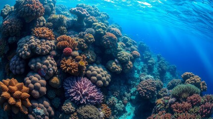 Underwater coral world: Explore a vibrant underwater world, teeming with a diverse collection of colorful coral formations, capturing the beauty of marine life and ecosystem. 