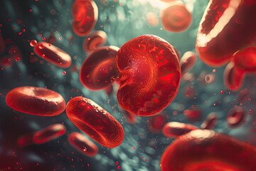 Photorealistic microscopic view of red blood cells with a single white cell