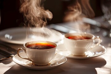 Two steaming cups of coffee on a table warm and inviting