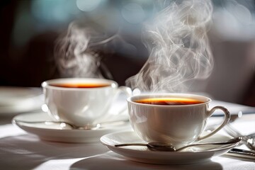 Two cups of steaming hot tea on a white table setting