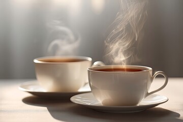 Two cups of steaming tea sit on a surface in soft light