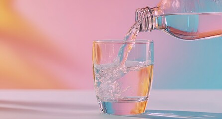 Refreshing clear liquid being poured from a bottle into a glass