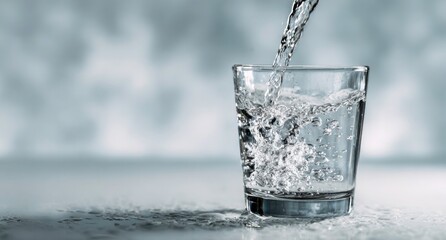 Clear water is poured into a glass on a blurred background